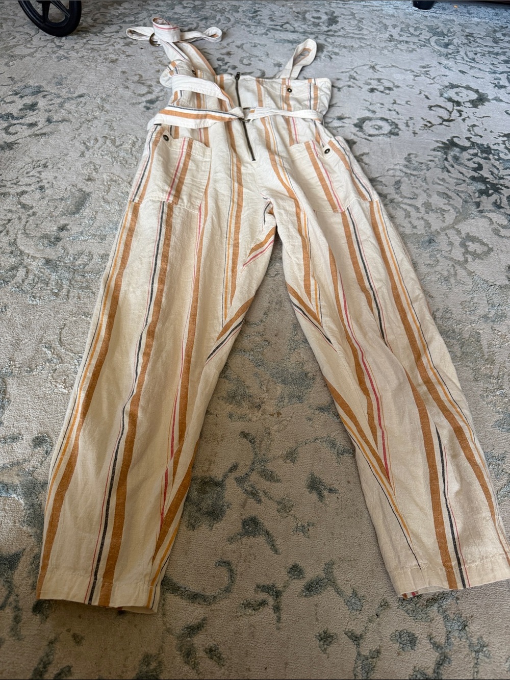 Billabong Striped Cream, Mustard & Pink Linen-Blend Overalls